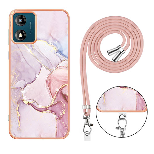 Silicone Candy Rubber Gel Fashionable Pattern Soft Case Cover with Lanyard Strap YB1 for Motorola Moto E13 Pink