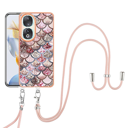 Silicone Candy Rubber Gel Fashionable Pattern Soft Case Cover with Lanyard Strap YB3 for Huawei Honor 90 5G Brown