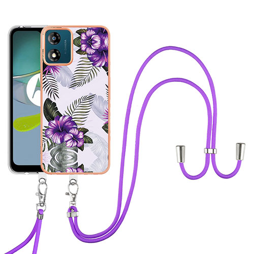 Silicone Candy Rubber Gel Fashionable Pattern Soft Case Cover with Lanyard Strap YB3 for Motorola Moto E13 Purple