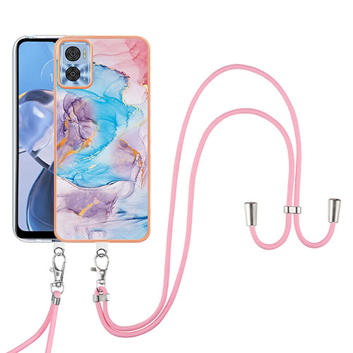 Silicone Candy Rubber Gel Fashionable Pattern Soft Case Cover with Lanyard Strap YB3 for Motorola Moto E22 Blue