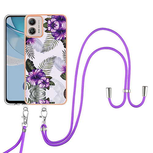 Silicone Candy Rubber Gel Fashionable Pattern Soft Case Cover with Lanyard Strap YB3 for Motorola Moto G53j 5G Purple