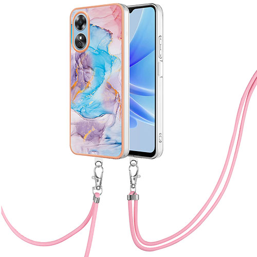 Silicone Candy Rubber Gel Fashionable Pattern Soft Case Cover with Lanyard Strap YB3 for Oppo A17 Blue