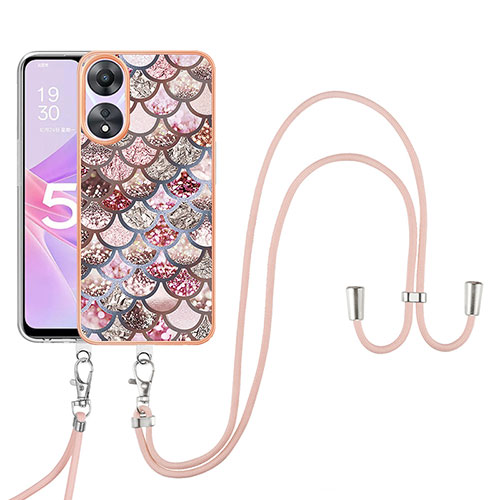 Silicone Candy Rubber Gel Fashionable Pattern Soft Case Cover with Lanyard Strap YB3 for Oppo A78 5G Brown