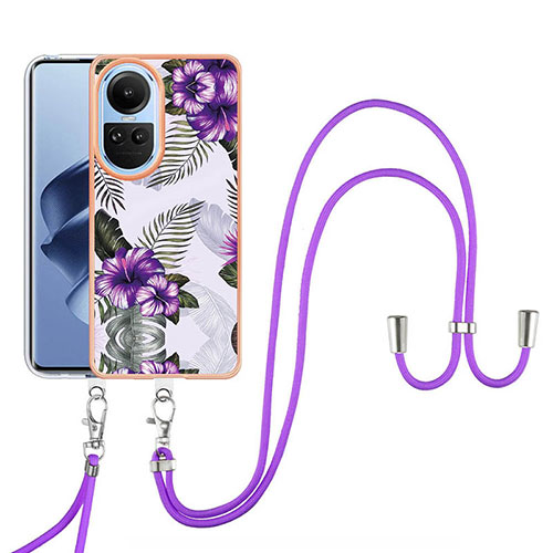 Silicone Candy Rubber Gel Fashionable Pattern Soft Case Cover with Lanyard Strap YB3 for Oppo Reno10 5G Purple