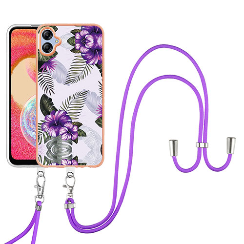 Silicone Candy Rubber Gel Fashionable Pattern Soft Case Cover with Lanyard Strap YB3 for Samsung Galaxy A04E Purple