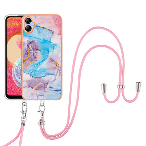 Silicone Candy Rubber Gel Fashionable Pattern Soft Case Cover with Lanyard Strap YB3 for Samsung Galaxy F04 Blue