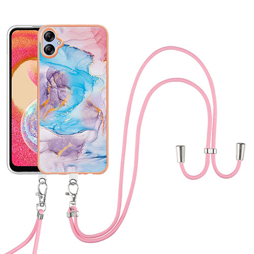 Silicone Candy Rubber Gel Fashionable Pattern Soft Case Cover with Lanyard Strap YB3 for Samsung Galaxy M04 Blue