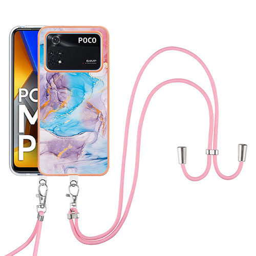 Silicone Candy Rubber Gel Fashionable Pattern Soft Case Cover with Lanyard Strap YB3 for Xiaomi Poco M4 Pro 4G Blue