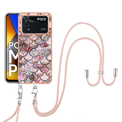 Silicone Candy Rubber Gel Fashionable Pattern Soft Case Cover with Lanyard Strap YB3 for Xiaomi Poco M4 Pro 4G Brown