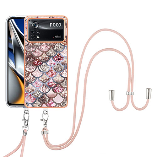 Silicone Candy Rubber Gel Fashionable Pattern Soft Case Cover with Lanyard Strap YB3 for Xiaomi Poco X4 Pro 5G Brown