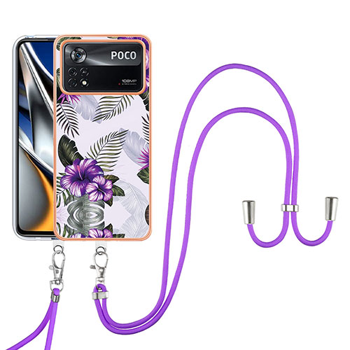 Silicone Candy Rubber Gel Fashionable Pattern Soft Case Cover with Lanyard Strap YB3 for Xiaomi Poco X4 Pro 5G Purple