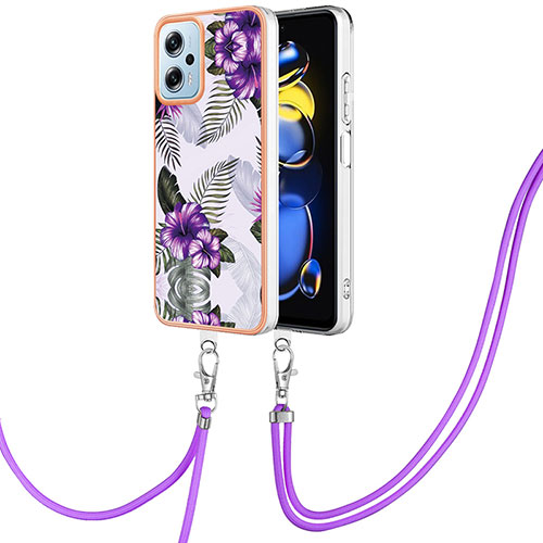 Silicone Candy Rubber Gel Fashionable Pattern Soft Case Cover with Lanyard Strap YB3 for Xiaomi Redmi Note 11T Pro 5G Purple