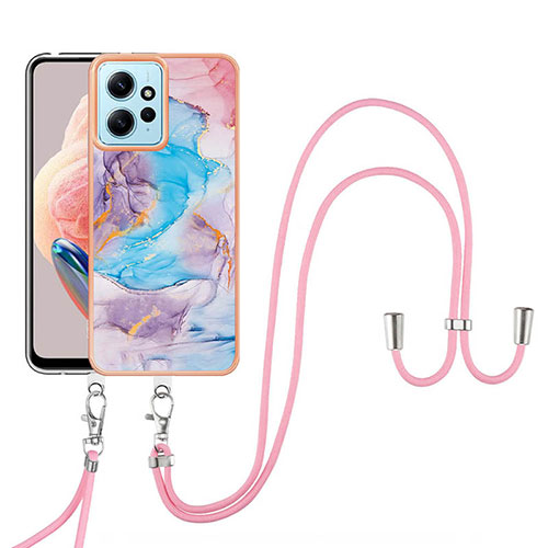 Silicone Candy Rubber Gel Fashionable Pattern Soft Case Cover with Lanyard Strap YB3 for Xiaomi Redmi Note 12 4G Blue