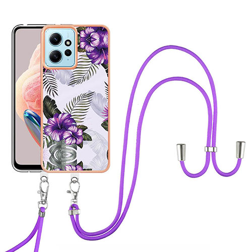 Silicone Candy Rubber Gel Fashionable Pattern Soft Case Cover with Lanyard Strap YB3 for Xiaomi Redmi Note 12 4G Purple