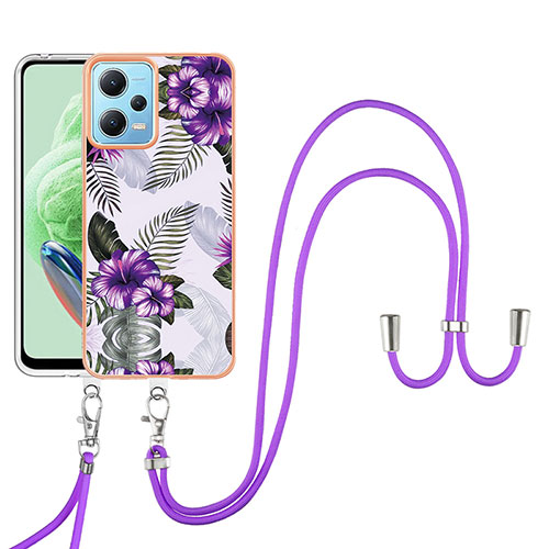Silicone Candy Rubber Gel Fashionable Pattern Soft Case Cover with Lanyard Strap YB3 for Xiaomi Redmi Note 12 5G Purple