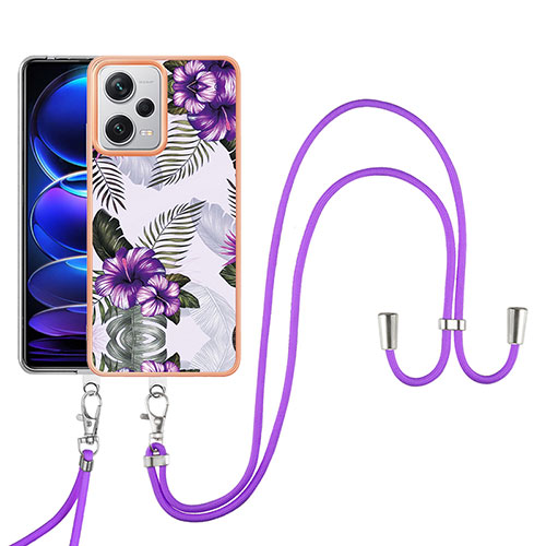 Silicone Candy Rubber Gel Fashionable Pattern Soft Case Cover with Lanyard Strap YB3 for Xiaomi Redmi Note 12 Explorer Purple