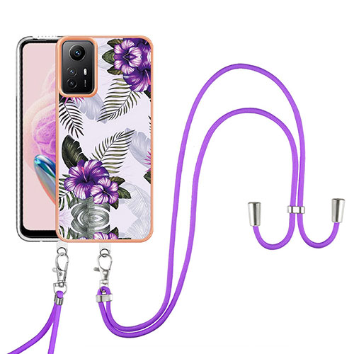 Silicone Candy Rubber Gel Fashionable Pattern Soft Case Cover with Lanyard Strap YB3 for Xiaomi Redmi Note 12S Purple