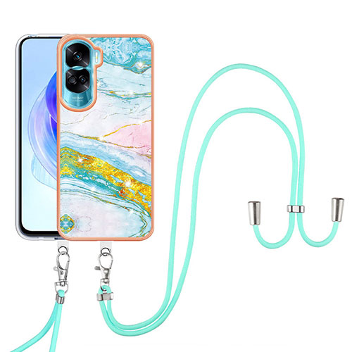 Silicone Candy Rubber Gel Fashionable Pattern Soft Case Cover with Lanyard Strap YB5 for Huawei Honor 90 Lite 5G Colorful