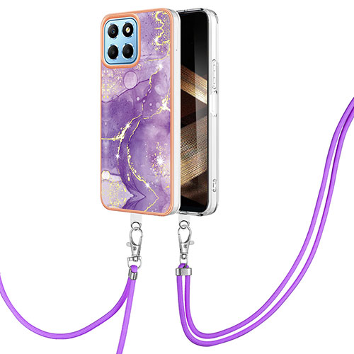 Silicone Candy Rubber Gel Fashionable Pattern Soft Case Cover with Lanyard Strap YB5 for Huawei Honor X8b Purple