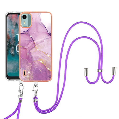 Silicone Candy Rubber Gel Fashionable Pattern Soft Case Cover with Lanyard Strap YB5 for Nokia C12 Clove Purple