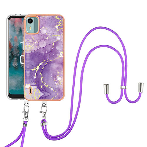 Silicone Candy Rubber Gel Fashionable Pattern Soft Case Cover with Lanyard Strap YB5 for Nokia C12 Pro Purple