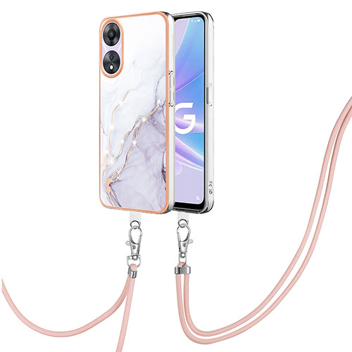 Silicone Candy Rubber Gel Fashionable Pattern Soft Case Cover with Lanyard Strap YB5 for Oppo A58 5G White