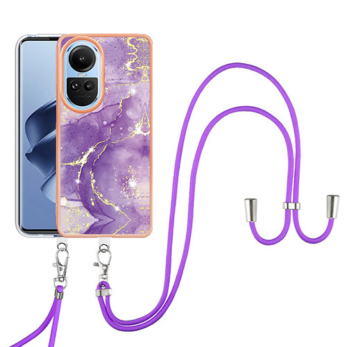 Silicone Candy Rubber Gel Fashionable Pattern Soft Case Cover with Lanyard Strap YB5 for Oppo Reno10 5G Purple