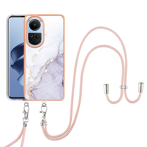 Silicone Candy Rubber Gel Fashionable Pattern Soft Case Cover with Lanyard Strap YB5 for Oppo Reno10 Pro 5G White