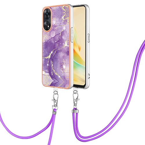 Silicone Candy Rubber Gel Fashionable Pattern Soft Case Cover with Lanyard Strap YB5 for Oppo Reno8 T 4G Purple