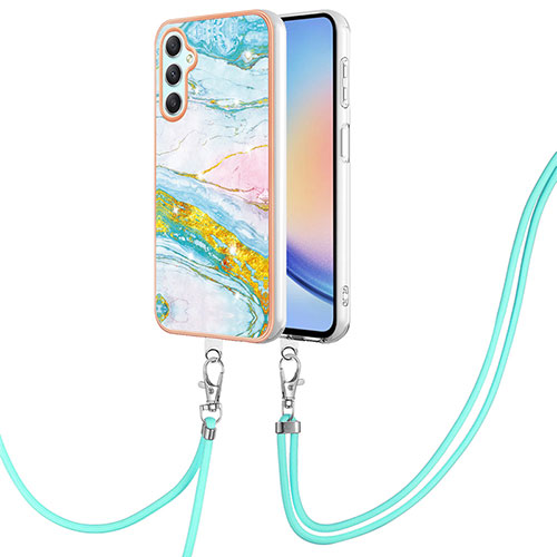 Silicone Candy Rubber Gel Fashionable Pattern Soft Case Cover with Lanyard Strap YB5 for Samsung Galaxy A24 4G Colorful