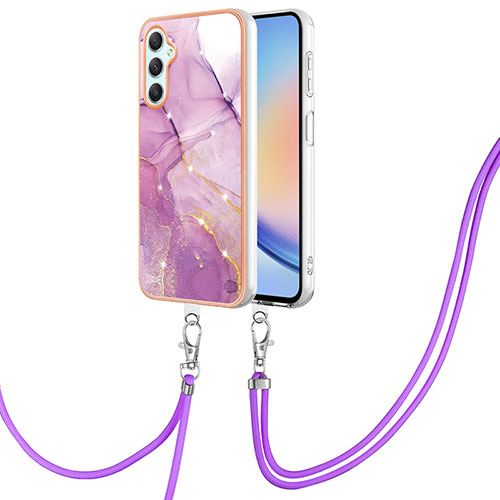 Silicone Candy Rubber Gel Fashionable Pattern Soft Case Cover with Lanyard Strap YB5 for Samsung Galaxy A25 5G Clove Purple