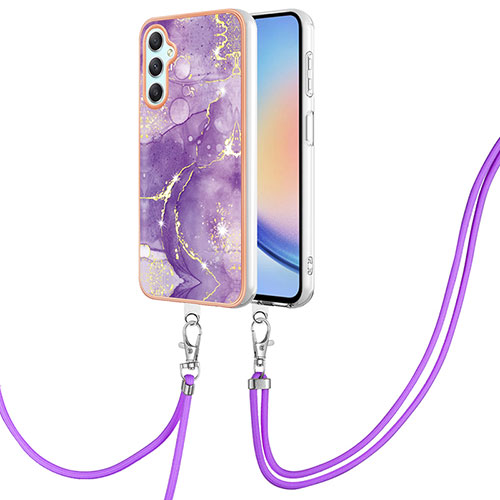 Silicone Candy Rubber Gel Fashionable Pattern Soft Case Cover with Lanyard Strap YB5 for Samsung Galaxy A25 5G Purple