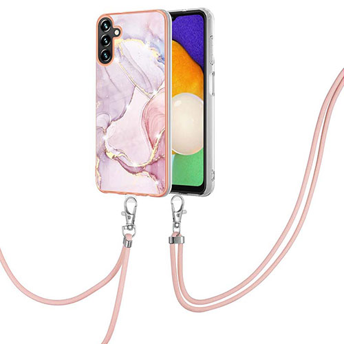 Silicone Candy Rubber Gel Fashionable Pattern Soft Case Cover with Lanyard Strap YB5 for Samsung Galaxy A34 5G Pink