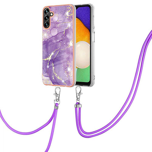 Silicone Candy Rubber Gel Fashionable Pattern Soft Case Cover with Lanyard Strap YB5 for Samsung Galaxy A34 5G Purple