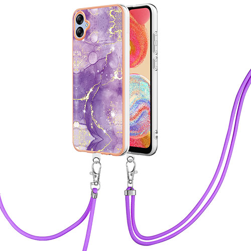 Silicone Candy Rubber Gel Fashionable Pattern Soft Case Cover with Lanyard Strap YB5 for Samsung Galaxy F04 Purple