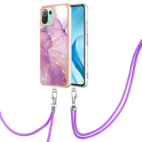 Silicone Candy Rubber Gel Fashionable Pattern Soft Case Cover with Lanyard Strap YB5 for Xiaomi Mi 11 Lite 4G Clove Purple