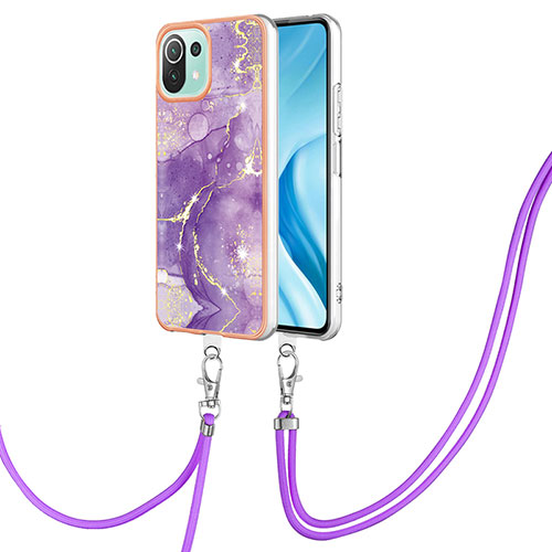 Silicone Candy Rubber Gel Fashionable Pattern Soft Case Cover with Lanyard Strap YB5 for Xiaomi Mi 11 Lite 4G Purple