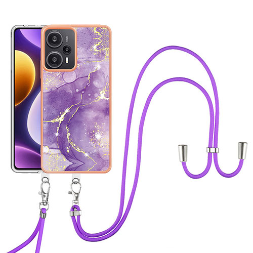 Silicone Candy Rubber Gel Fashionable Pattern Soft Case Cover with Lanyard Strap YB5 for Xiaomi Poco F5 5G Purple