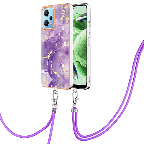 Silicone Candy Rubber Gel Fashionable Pattern Soft Case Cover with Lanyard Strap YB5 for Xiaomi Poco X5 5G Purple