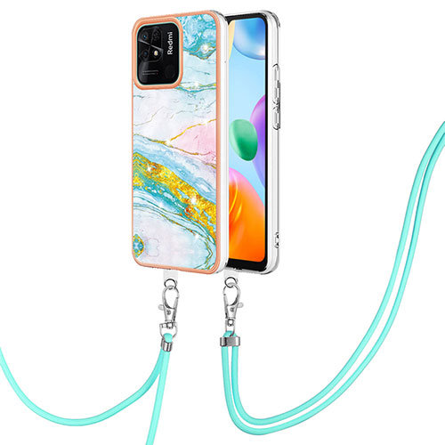 Silicone Candy Rubber Gel Fashionable Pattern Soft Case Cover with Lanyard Strap YB5 for Xiaomi Redmi 10 India Colorful