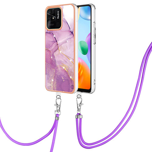 Silicone Candy Rubber Gel Fashionable Pattern Soft Case Cover with Lanyard Strap YB5 for Xiaomi Redmi 10 Power Clove Purple