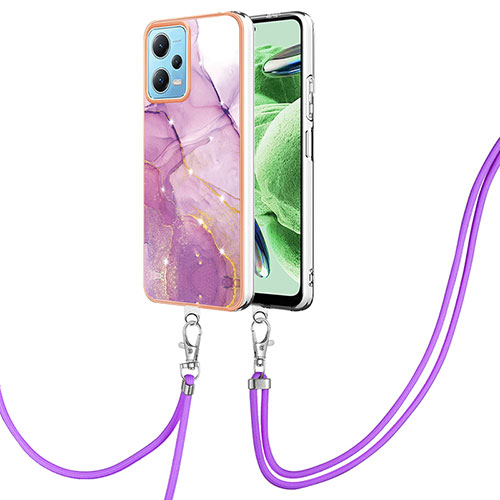 Silicone Candy Rubber Gel Fashionable Pattern Soft Case Cover with Lanyard Strap YB5 for Xiaomi Redmi Note 12 5G Clove Purple