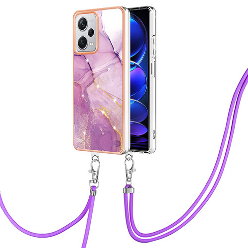 Silicone Candy Rubber Gel Fashionable Pattern Soft Case Cover with Lanyard Strap YB5 for Xiaomi Redmi Note 12 Explorer Clove Purple