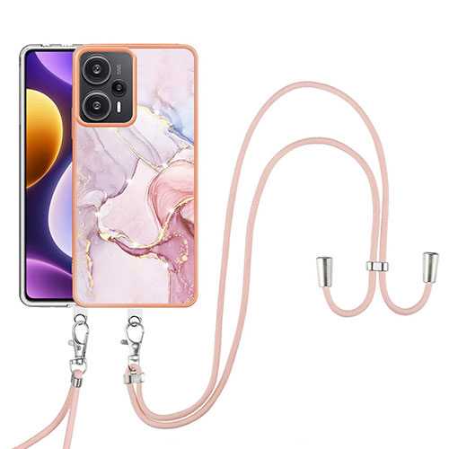 Silicone Candy Rubber Gel Fashionable Pattern Soft Case Cover with Lanyard Strap YB5 for Xiaomi Redmi Note 12 Turbo 5G Pink