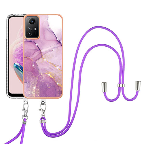 Silicone Candy Rubber Gel Fashionable Pattern Soft Case Cover with Lanyard Strap YB5 for Xiaomi Redmi Note 12S Clove Purple