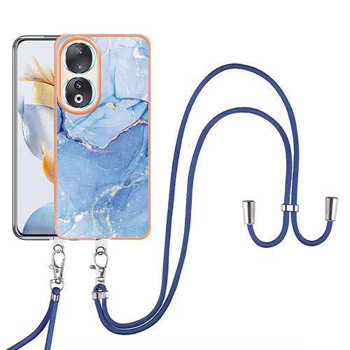 Silicone Candy Rubber Gel Fashionable Pattern Soft Case Cover with Lanyard Strap YB7 for Huawei Honor 90 5G Blue