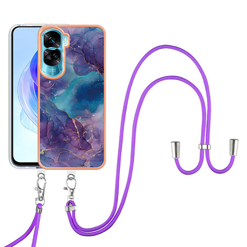 Silicone Candy Rubber Gel Fashionable Pattern Soft Case Cover with Lanyard Strap YB7 for Huawei Honor 90 Lite 5G Purple