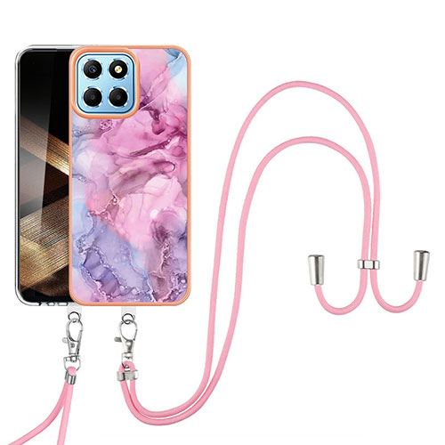 Silicone Candy Rubber Gel Fashionable Pattern Soft Case Cover with Lanyard Strap YB7 for Huawei Honor X8b Pink