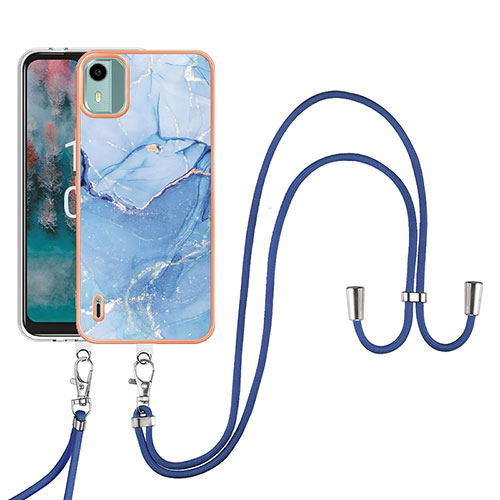 Silicone Candy Rubber Gel Fashionable Pattern Soft Case Cover with Lanyard Strap YB7 for Nokia C12 Plus Blue