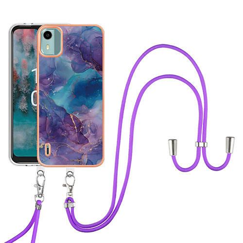 Silicone Candy Rubber Gel Fashionable Pattern Soft Case Cover with Lanyard Strap YB7 for Nokia C12 Plus Purple